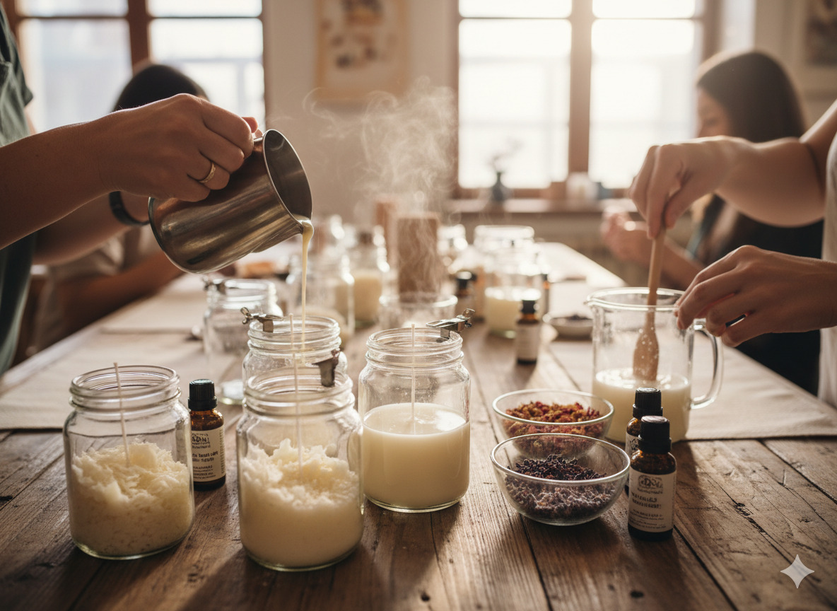Soy candle making session with jars and wax